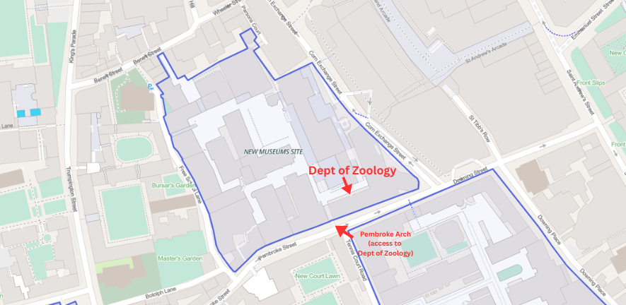 A map of Cambridge city centre, showing the position of the Dept of Zoology