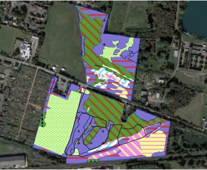 Screenshot from QGIS of UKHab habitat polygons and lines at Lattersey Nature Reserve, Cambridgeshire. Background satellite image from Google Maps.