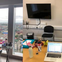 My desk and view whilst quarantining in Pekanbaru (Left) versus my current work set-up in Cambridge, UK (Right).