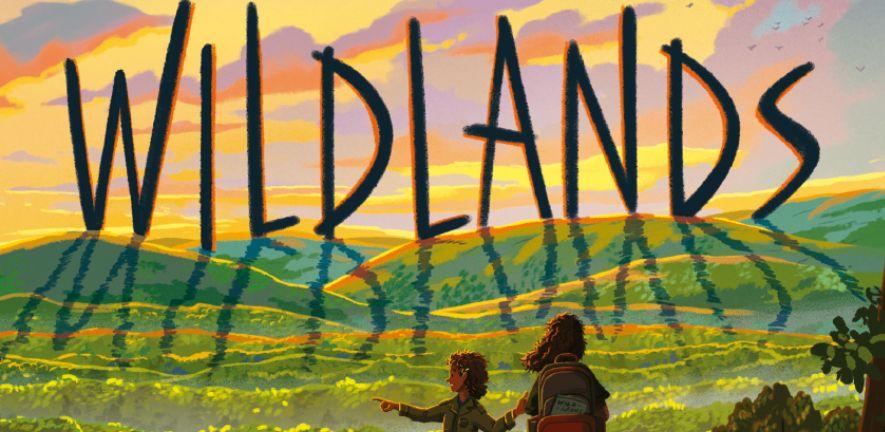 Detail from the cover of Brogen Murphy's book, Wildlands, two children are silhouetted against a background of rolling hills.