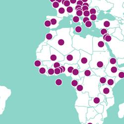 World map indicating places where research carried out by Cambridge University is having a positive impact
