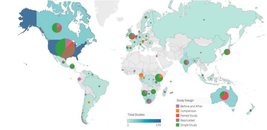 Study designs per country. The colour of each country and the size of their respective pie chart represent the total number of studies on human–wildlife conflict in the country. A map of the world representing study designs per country. The colour of each country and the size of their respective pie chart represent the total number of studies on human–wildlife conflict in the country.