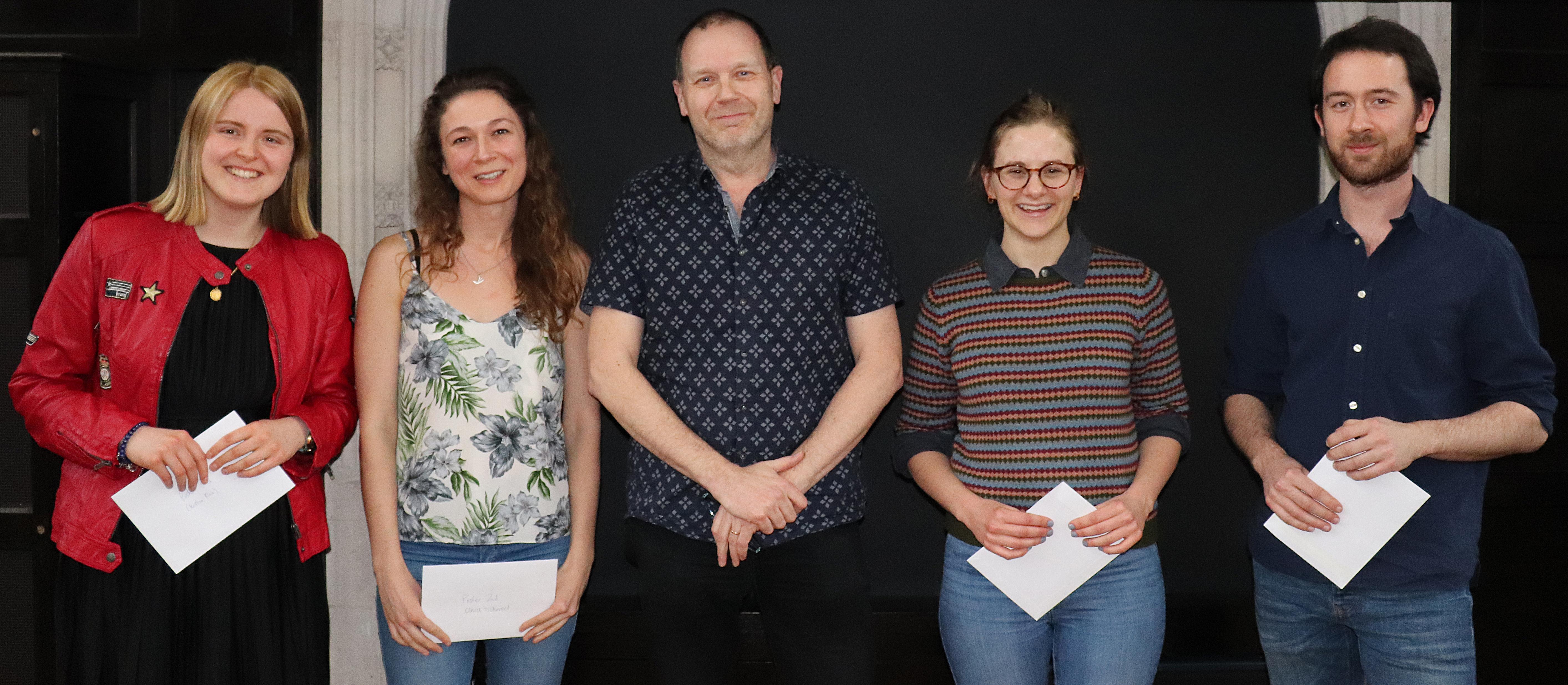 Dept Seminar Day Prize winners: l-r Kristina Klein, Olivia Tidswell, HoD, Hannah Wauchope and Chris Duncan