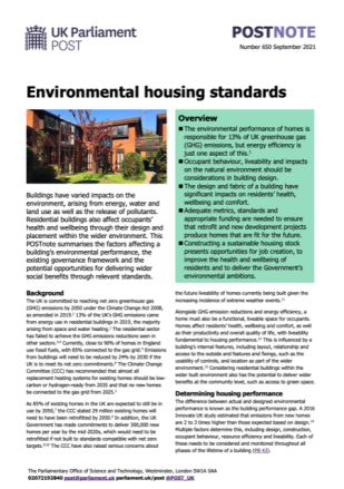 A screenshot of the first page of my POSTnote briefing on environmental housing standards
