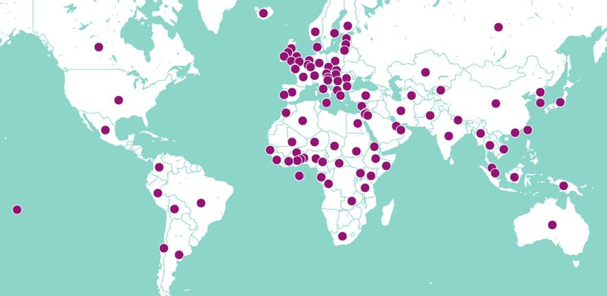 World map indicating places where research carried out by Cambridge University is having a positive impact